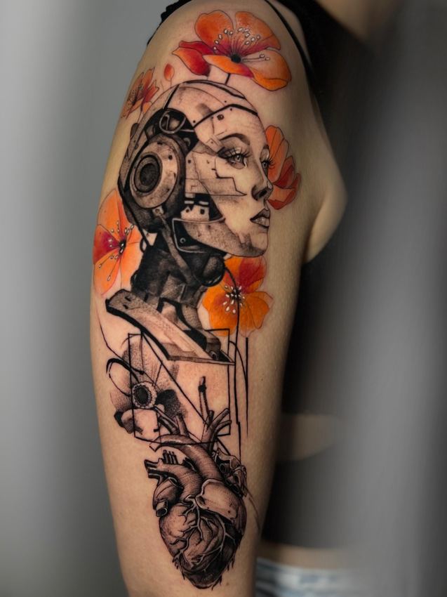 Tatuaje estilo sketch de un rostro femenino junto a un casco y un corazón anatómico con flores naranjas, en el brazo